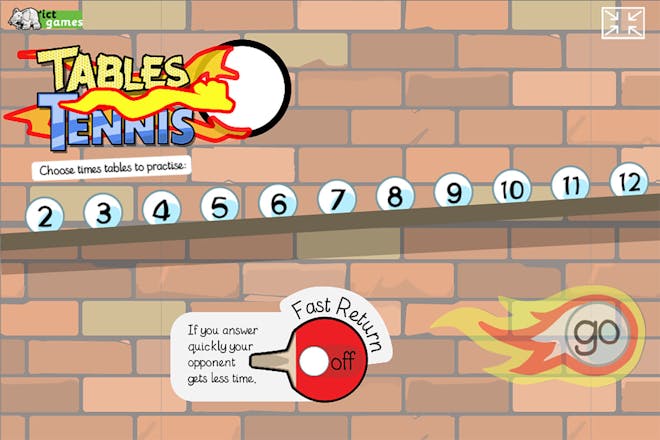 title page of maths game tables tennis asking kids to choose a times table to practise