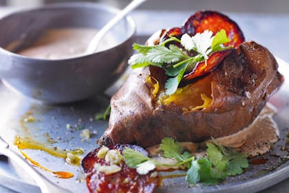 80. Baked sweet potatoes with chorizo and chipotle cream
