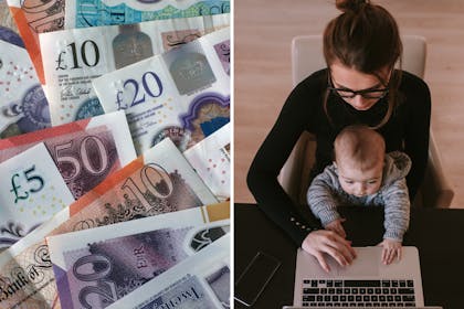 UK money / Mum on computer with child