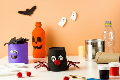 DIY Halloween monster arts and crafts made from recycled tin cans and plastic bottles 