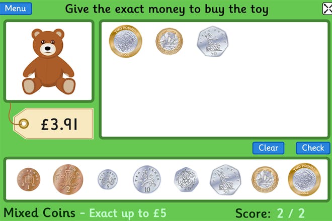 Screen from toy shop money game showing coins to pay for a teddy bear iwth