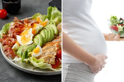 A plate full of low-carb food including egg and avocado / a pregnant woman's belly 