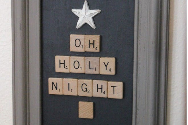 upcycled picture frame with wooden scrabble letters spelling out the message 'oh holy night'