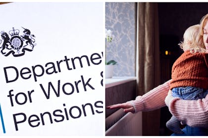 Left: Dept for Work and Pensions headed paperRight: women and baby in jumpers next to radiator 