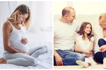 Pregnant woman touches her belly / parents and daughter sitting on floor in front of sofa