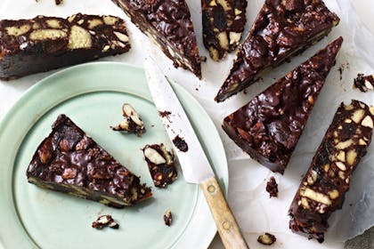 Slices of chocolate fridge cake on plate