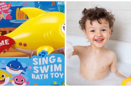 Left: recalled Baby Shark bath toyRight: young boy in foam bath