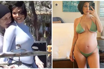 Kourtney Kardashian sits on Travis Barker's knee behind drum set | Pregnant Kourtney Kardashian takes selfie wearing bikini