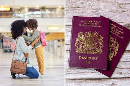 mum and child at airport and red passports
