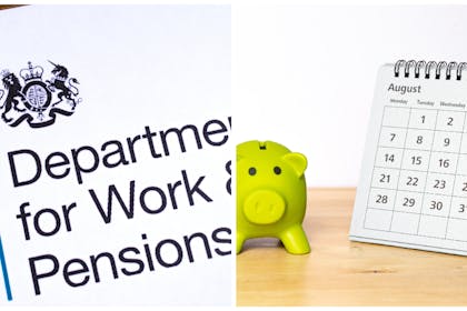 Left: Department for Work & Pensions letterheadRight: An august 2023 calendar and a green piggy bank