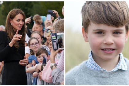 Left: Kate Middleton speaks to mourners in Windsor. Right: portrait of Prince Louis.