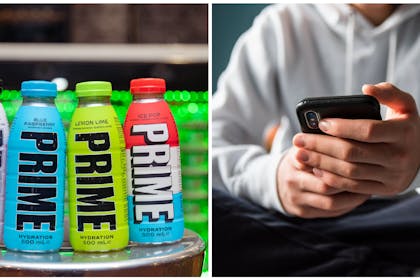 Prime Hydration drinks on table | teenage boy holding mobile phone