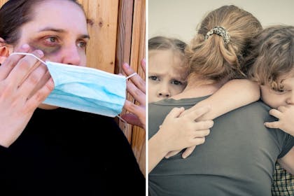 Left: Woman with back eye holds mask. Right: Woman hugs kids