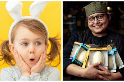 Left: Little girl in bunny ears looking shockedRight: Morrisons employee holding cheese eggs