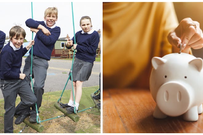 kids in school uniform on playground / woman putting money in piggy bank