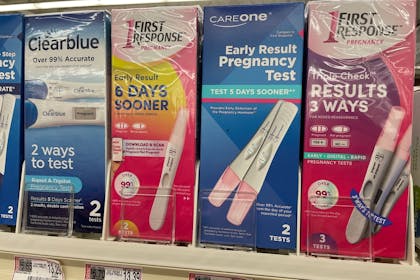 Pregnancy tests on shelf in a supermarket