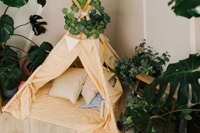 Kids' indoor tent surrounded by plants