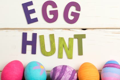 Egg hunt text with colourful eggs