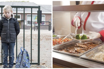 Young boy stands miserably outside school and a school dinner lady serves food 