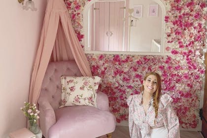 Stacey Solomon shows off the flower wall she has put up in her baby's nursery 