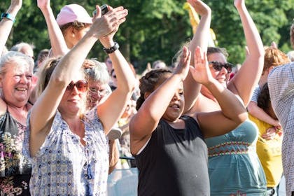 Crowds applaud with their hands in the air in the sunshine at the Longleat Festival