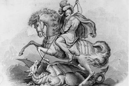Black and white illustration of St George slaying a dragon
