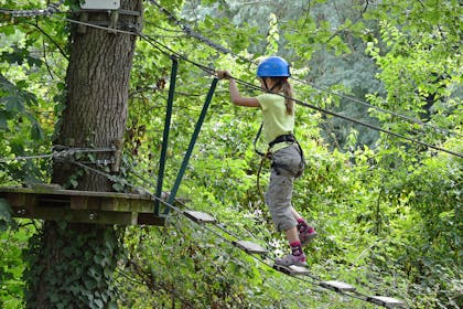 Girl crossing rope bridge at tree top adventure centre