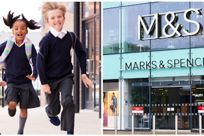 Kids in school uniform running | Marks & Spencer shopfront