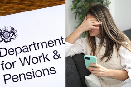 DWP paperwork and woman with phone looking sad