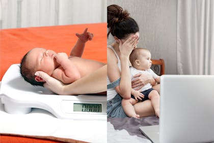 Baby being weighed and sad mum looking at laptop with baby