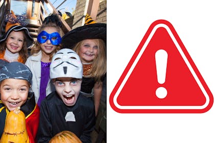 Children wearing halloween costumes / warning sign