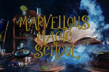 Wizard's desk with spell book and spells. Text says Marvellous Magic School