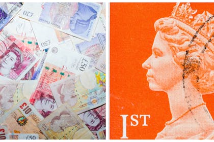 Bank notes bearing Queen's image, and a postage stamp