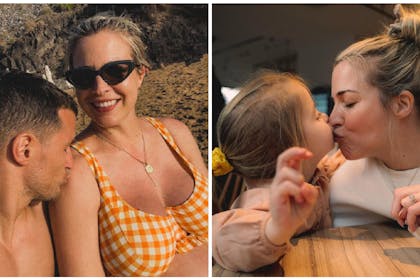 Gemma Atkinson sits on beach as partner Gorka kisses shoulder | Gemma Atkinson kisses her toddler daughter