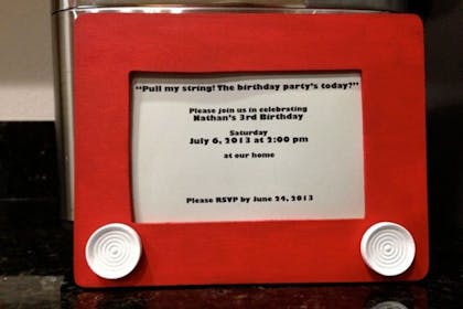 Cardboard etch a sketch party invitation for Toy Story party