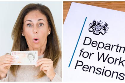 Left: Woman holding 10 pound note Right: Letterhead of the Department for Work & Pensions