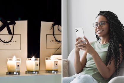 Jo Malone candles / woman on phone on sofa