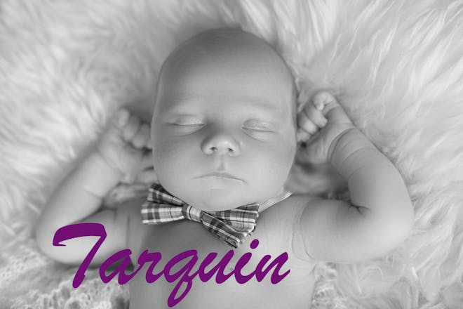 Sleeping baby wearing bowtie, text says Tarquin