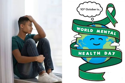 Boy looking anxious / World Mental Health Day logo