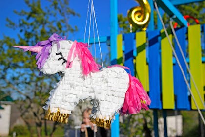 A unicorn pinata hanging in the garden