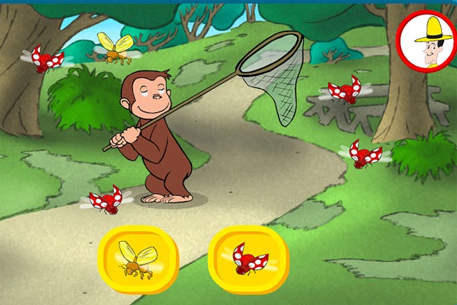 Monkey Curious George holds a net in a forest as red and yellow bugs fly around