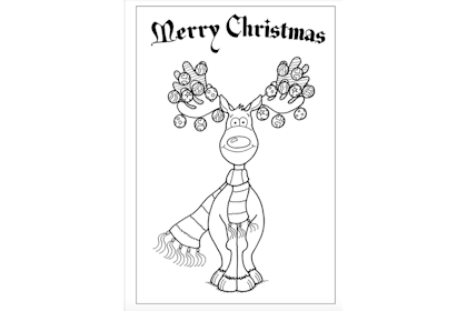 Printout Christmas card showing reindeer with baubles in antlers