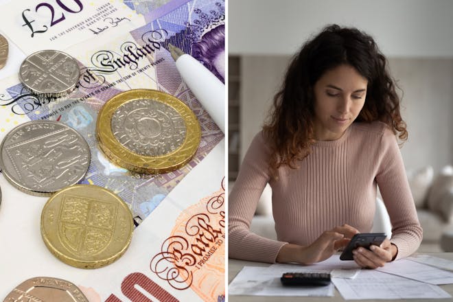 UK money / Woman making financial calculations