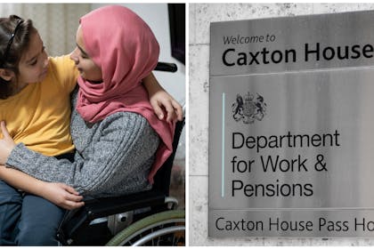 Woman in wheelchair with daughter on lap | DWP building sign