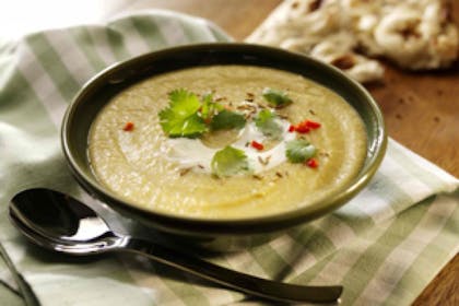 Spiced leek, potato and lentil soup