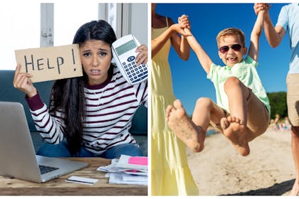 Left: a woman with a calculator holds up a help signRight: a man and a woman swing a young boy on a beach