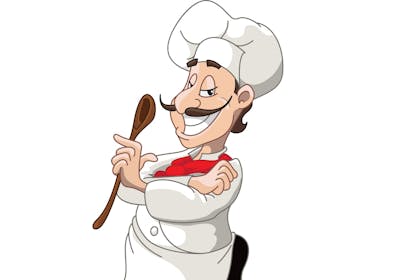 Illustration of French chef holding a wooden spoon and wearing a tall chef's hat