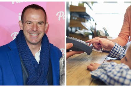 Martin Lewis / Mum and son using debit card in shop