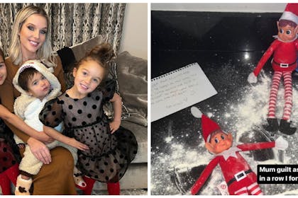 Helen Flanagan with her kids / and Elf on the Shelf type toy