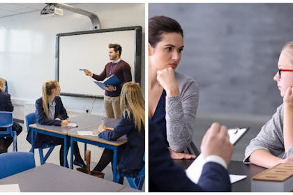 Left: classroom with teens and teacherRight: parent and child in meeting with teacher